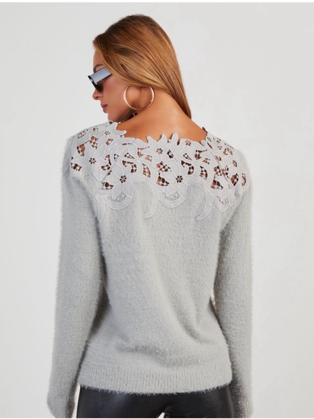 Vici Light Gray Lace Yoke Crew Neck Sweater - Picture 2 of 8